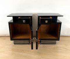Pair of Art Deco Bedside Cabinets Black Lacquer Chrome France circa 1930 - 4294110