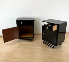 Pair of Art Deco Bedside Cabinets Black Lacquer Chrome France circa 1930 - 4294113