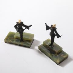 Pair of Art Deco Flapper Bookends Bronze Bakelite on Rectilinear Onyx Base - 4347342