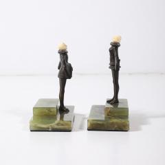 Pair of Art Deco Flapper Bookends Bronze Bakelite on Rectilinear Onyx Base - 4347350