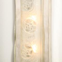 Pair of Art Deco Frosted Glass Chrome Rectangular Sconces w Rose Motifs - 3108984