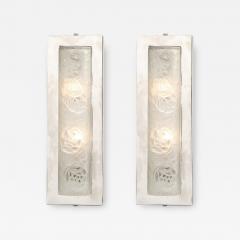 Pair of Art Deco Frosted Glass Chrome Rectangular Sconces w Rose Motifs - 3115543