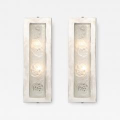 Pair of Art Deco Frosted Glass Chrome Rectangular Sconces w Rose Motifs - 3115543