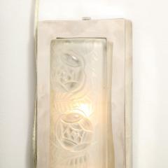 Pair of Art Deco Frosted Glass Chrome Rectangular Vanity Lights w Rose Motifs - 3108883