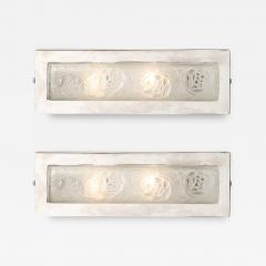 Pair of Art Deco Frosted Glass Chrome Rectangular Vanity Lights w Rose Motifs - 3115541