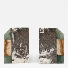 Pair of Art Deco Geometric Exotic Marble Onyx Bookends - 4267156