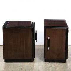 Pair of Art Deco Machine Age Bookmatched Walnut Nightstands w Lacquer Details - 1950234