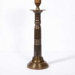 Pair of Art Deco Machine Age Skyscraper Style Banded Antique Brass Table Lamps - 2220238