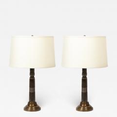 Pair of Art Deco Machine Age Skyscraper Style Banded Antique Brass Table Lamps - 2221910