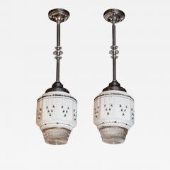 Pair of Art Deco Machine Age Skyscraper Style Blown Glass Chrome Pendant - 1462957