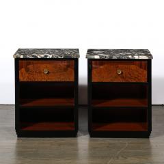 Pair of Art Deco Marble Top Book matched Walnut Burled Carpathian Nightstands - 3523623