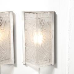 Pair of Art Deco Molded Frosted Glass Sconces w Stylized Cubist Floral Motifs - 3352592