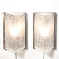 Pair of Art Deco Molded Frosted Glass Sconces w Stylized Cubist Floral Motifs - 3352596