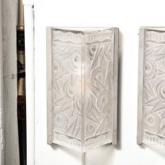 Pair of Art Deco Molded Frosted Glass Sconces w Stylized Cubist Floral Motifs - 3352660