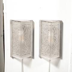 Pair of Art Deco Molded Frosted Glass Sconces w Stylized Cubist Floral Motifs - 3352666