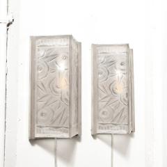 Pair of Art Deco Molded Frosted Glass Sconces w Stylized Cubist Floral Motifs - 3352668