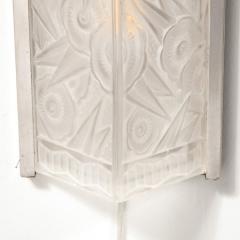 Pair of Art Deco Molded Frosted Glass Sconces w Stylized Cubist Floral Motifs - 3352670