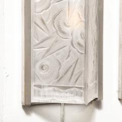 Pair of Art Deco Molded Frosted Glass Sconces w Stylized Cubist Floral Motifs - 3352671