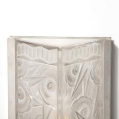 Pair of Art Deco Molded Frosted Glass Sconces w Stylized Cubist Floral Motifs - 3352690