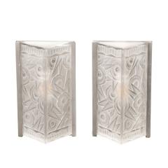 Pair of Art Deco Molded Frosted Glass Sconces w Stylized Cubist Floral Motifs - 3352692