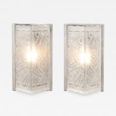 Pair of Art Deco Molded Frosted Glass Sconces w Stylized Cubist Floral Motifs - 3360012