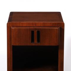 Pair of Art Deco Nightstands in Book Matched Walnut with Black Lacquer Accents - 4465701