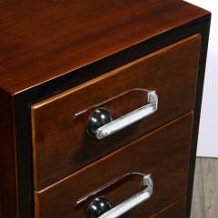 Pair of Art Deco Nightstands in Lacquer Walnut w Streamlined Chrome Pulls - 2050261