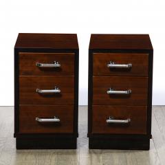 Pair of Art Deco Nightstands in Lacquer Walnut w Streamlined Chrome Pulls - 2050297