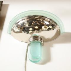 Pair of Art Deco Revival Streamlined Chrome Celadon Blue Glass Sconces - 2660311
