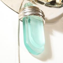 Pair of Art Deco Revival Streamlined Chrome Celadon Blue Glass Sconces - 2660313