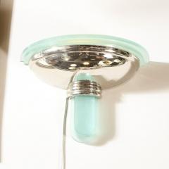 Pair of Art Deco Revival Streamlined Chrome Celadon Blue Glass Sconces - 2660332