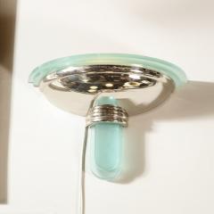 Pair of Art Deco Revival Streamlined Chrome Celadon Blue Glass Sconces - 2660333