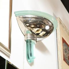 Pair of Art Deco Revival Streamlined Chrome Celadon Blue Glass Sconces - 2660335