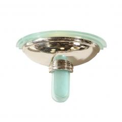 Pair of Art Deco Revival Streamlined Chrome Celadon Blue Glass Sconces - 2660336