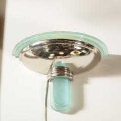 Pair of Art Deco Revival Streamlined Chrome Celadon Blue Glass Sconces - 2660340