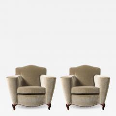 Pair of Art Deco Sinuous Club Chairs In Taupe Mohair Walnut Supports - 4659924