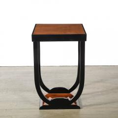 Pair of Art Deco Streamlined Bookmatched Walnut and Black Lacquer Side Tables - 4037802