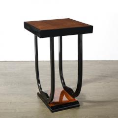 Pair of Art Deco Streamlined Bookmatched Walnut and Black Lacquer Side Tables - 4037828
