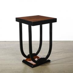 Pair of Art Deco Streamlined Bookmatched Walnut and Black Lacquer Side Tables - 4037843
