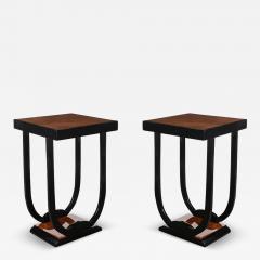 Pair of Art Deco Streamlined Bookmatched Walnut and Black Lacquer Side Tables - 4039451
