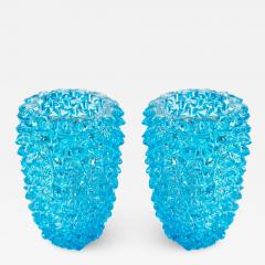 Pair of Art Deco Style Italian Aquamarine Murano Glass Centerpiece Vases - 4553698