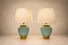 Pair of Art Deco Table Lamps in Brass Teal Finish Unknown 1930s - 4621527