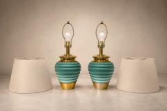 Pair of Art Deco Table Lamps in Brass Teal Finish Unknown 1930s - 4621533