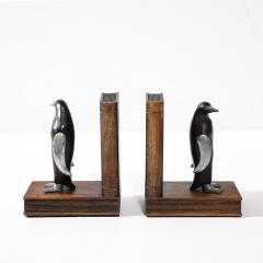 Pair of Art Deco Walnut Black Enamel Brass Sculptural Penguin Bookends - 4142462