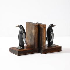 Pair of Art Deco Walnut Black Enamel Brass Sculptural Penguin Bookends - 4142463