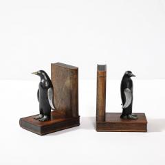 Pair of Art Deco Walnut Black Enamel Brass Sculptural Penguin Bookends - 4142467