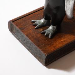 Pair of Art Deco Walnut Black Enamel Brass Sculptural Penguin Bookends - 4142468