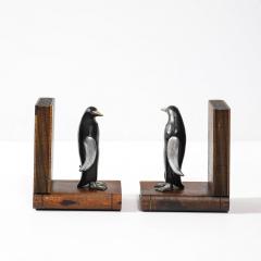 Pair of Art Deco Walnut Black Enamel Brass Sculptural Penguin Bookends - 4142506