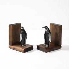 Pair of Art Deco Walnut Black Enamel Brass Sculptural Penguin Bookends - 4142508