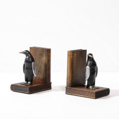 Pair of Art Deco Walnut Black Enamel Brass Sculptural Penguin Bookends - 4142509
